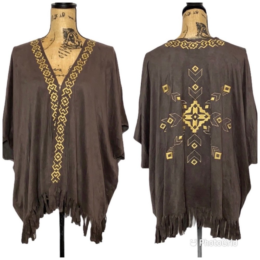 Brown Tassel Embroidery Open Front Boho Coverup M